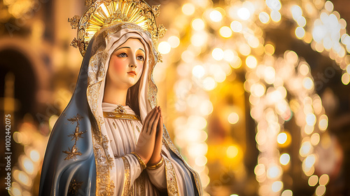 Our Lady of Aparecida (Nossa Senhora Aparecida) statue, iconic in Brazilian Catholicism. Glowing bokeh background enhances her divine presence, perfect for religious visuals with copy space photo