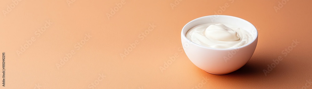 White ceramic bowl filled with creamy yogurt on a beige background. Simple, healthy snack, dairy product representation. White ceramic bowl filled with creamy yogurt on a beige background. Simple, healthy snack, dairy product representation.