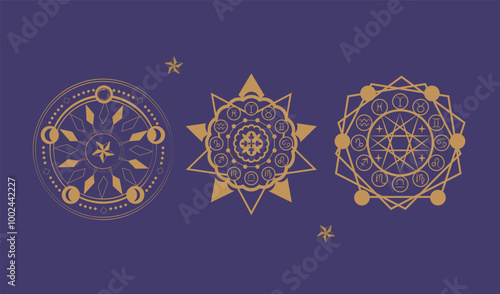 Astrology wheel with zodiac signs, Magic circle, Mystical geometry symbol. Star map.