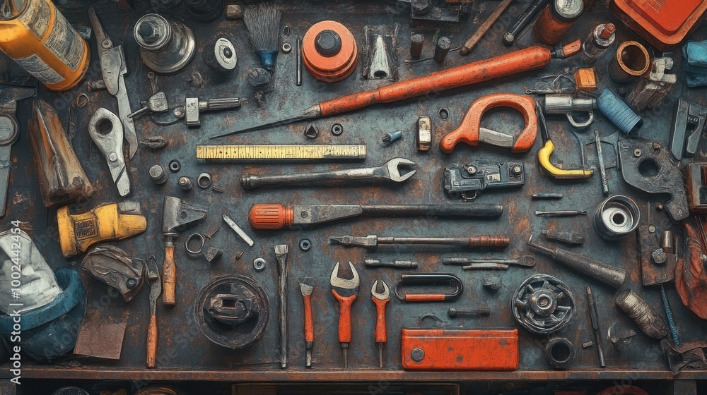 Fototapeta premium A Collection of Vintage Tools and Hardware on a Rusted Surface
