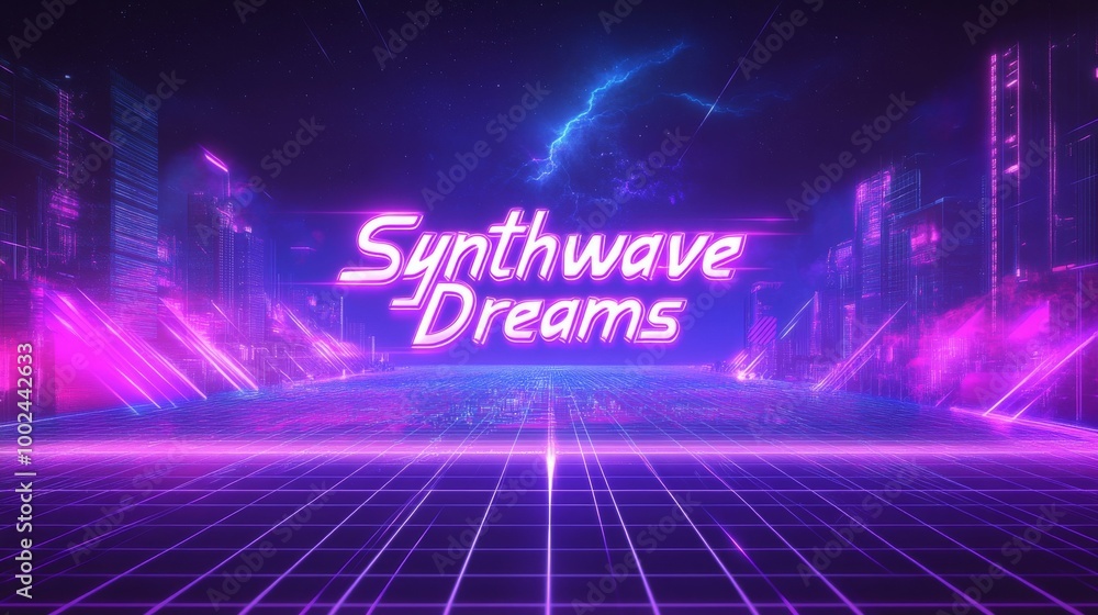 Fototapeta premium Neon Grid and Laser Beams in a 1980s VHS Glitch Style Design