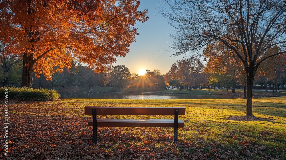 A wooden bench sits in a park with vibrant autumn foliage and a pond reflecting the sunrise. A wooden bench sits in a park with vibrant autumn foliage and a pond reflecting the sunrise.