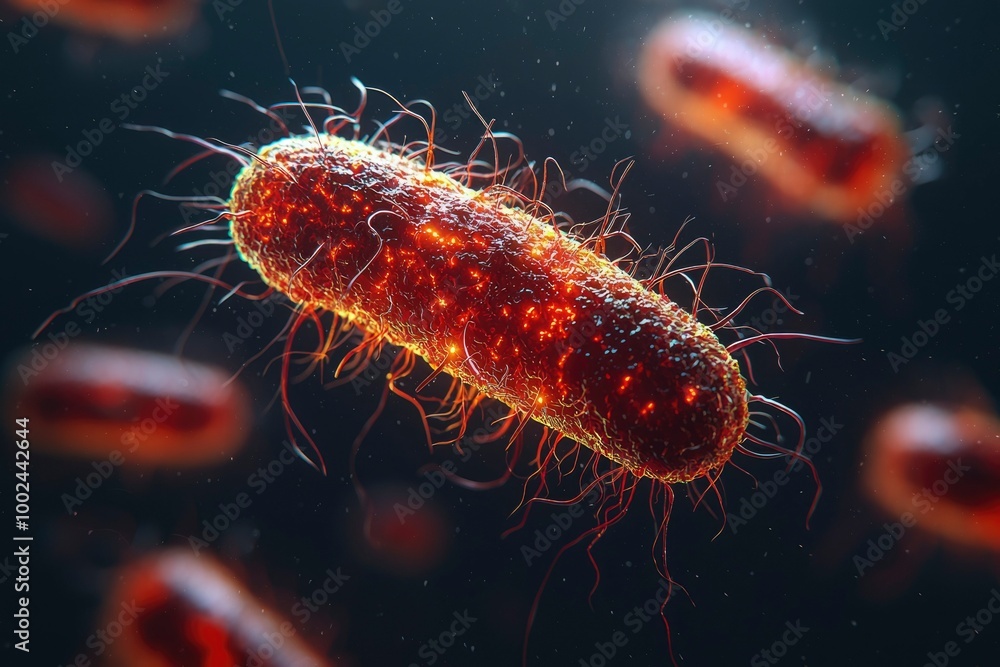 A Close-Up View of a Single Bacterium with Numerous Flagella A Close-Up View of a Single Bacterium with Numerous Flagella