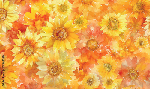 Watercolor Pattern of Autumn Flowers watercolor sunflowers and chrysanthemums in warm shades of yellow and orange, creating a lively and vibrant pattern