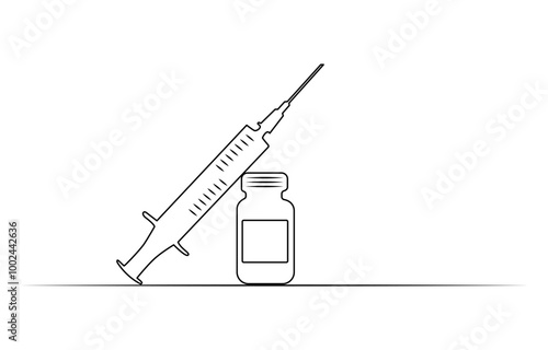 Medical syringe and bottle with liquid drug in continuous one line drawing vector illustration, Medical syringe and bottle with liquid drug in continuous line art drawing style. Treatment, 