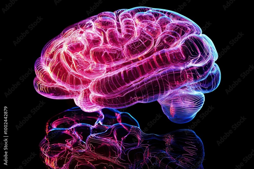 Abstract 3D Brain Rendered with Vibrant Neon Colors Abstract 3D Brain Rendered with Vibrant Neon Colors