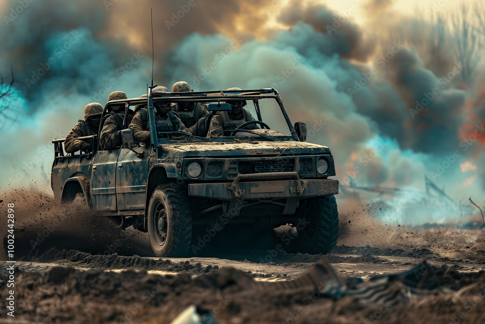 Obraz premium Military All Terrain Vehicle Advancing Through Heavy Combat Showing Strength and Power in the Midst of an Ongoing Battle