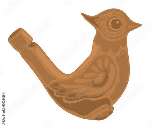 Clay bird whistle. Cute musical toy. Vector isolated illustration