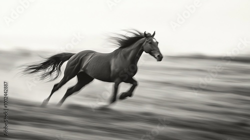   A monochrome image depicts a galloping steed amidst a field with wind blowing through its mane
