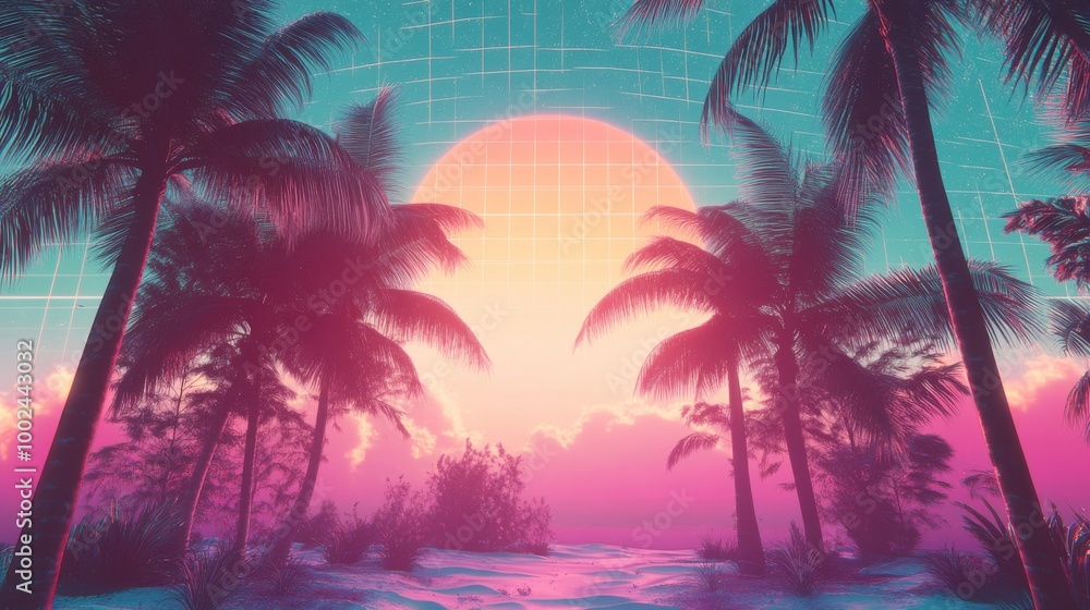 Naklejka premium Dreamlike 80s Vaporwave Design with Glitch and Retro-Futurism
