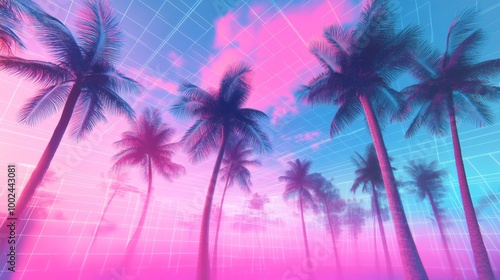 Surreal Vaporwave Aesthetic with Distorted Typography and Palm Trees