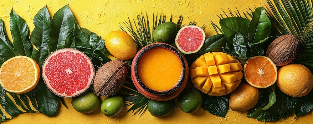 Vibrant arrangement of tropical fruits and a clay pot for Diwali celebrations, perfect for festive greeting cards, invitations, and social media posts. Vibrant arrangement of tropical fruits and a clay pot for Diwali celebrations, perfect for festive greeting cards, invitations, and social media posts.