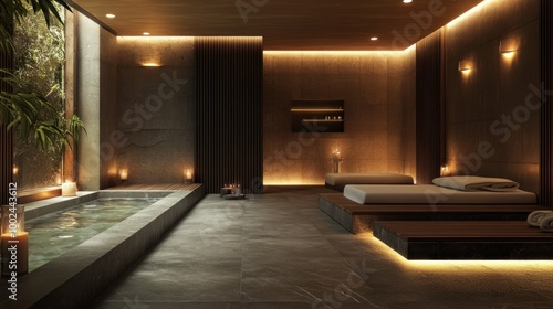 Modern Zen Spa Interior with Bathtub, Cushioned Benches, and Warm Lighting