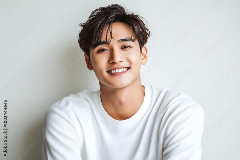 Portrait of happy smart and handsome young Asian man on white background. Studio shot, copy space Portrait of happy smart and handsome young Asian man on white background. Studio shot, copy space