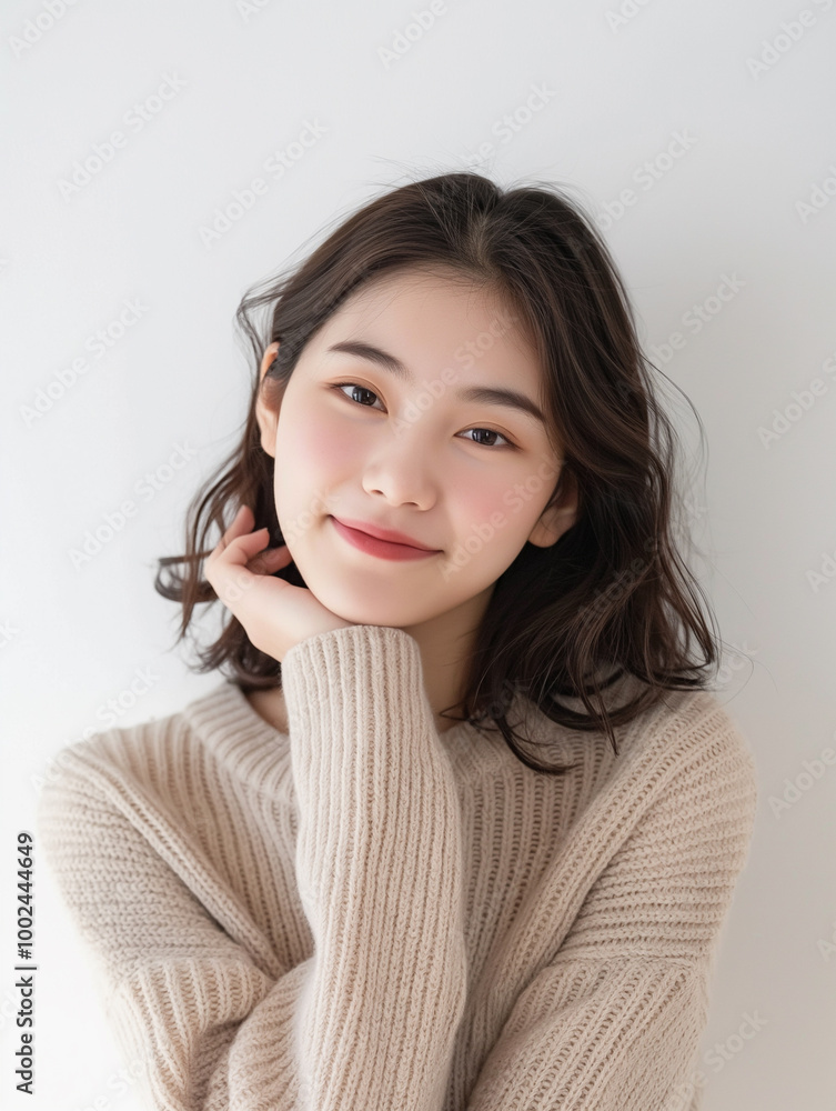 Beautiful young Asian woman in natural style makeup on white background. Beauty concept. Copy space Beautiful young Asian woman in natural style makeup on white background. Beauty concept. Copy space