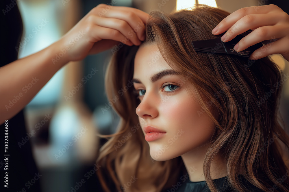 Fototapeta premium Young beautiful Caucasian woman getting hair cut by hairdresser at beauty salon