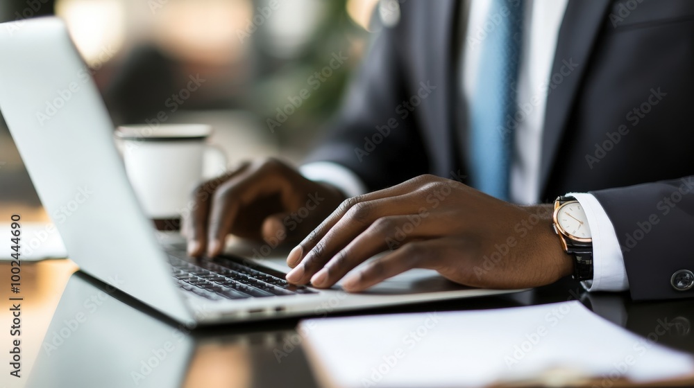 A close-up of a business hands typing on a laptop, with a cup of coffee and a notepad on the desk A close-up of a business hands typing on a laptop, with a cup of coffee and a notepad on the desk