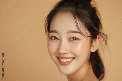 Beautiful Asian teenager woman in natural style makeup in studio shot. Beauty concept. Copy space