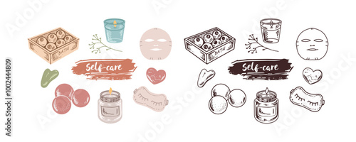 A set of  doodle and flat sketches of cosmetics, beauty, self-care, spa elements.  Illustration for beauty salon, cosmetic store, makeup design. Engraved image.