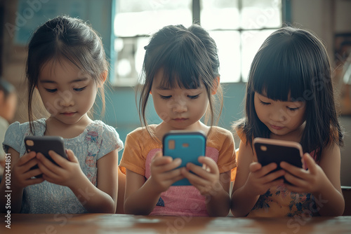 Group of Asian little kids using mobile phone at school. Screen addiction, social media concept