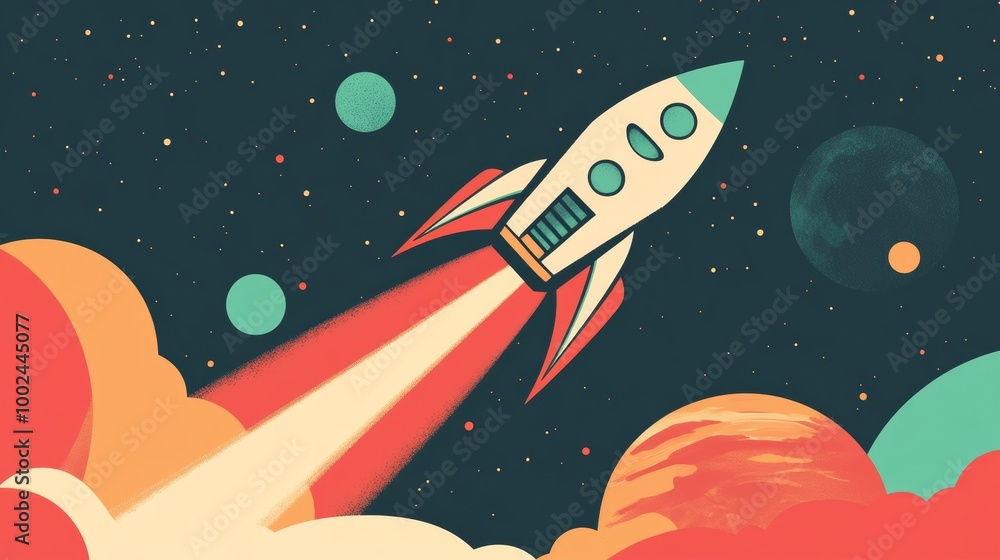 Retro-Futuristic Banner with Rocket Ship and Atomic-Age Pastel Aesthetics