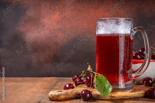 Craft cherry beer alcohol drink mug and bottle