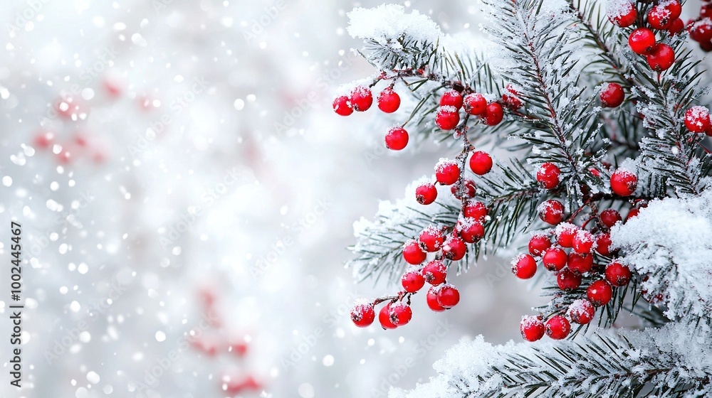 A close-up of a pine tree with red berries and snowflakes on its branches A close-up of a pine tree with red berries and snowflakes on its branches