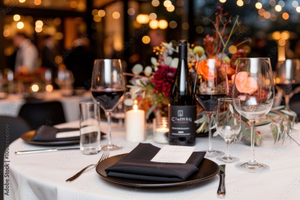 Elegant indoor dinner setting with wine bottle, glasses, and floral centerpiece on white tablecloth. Elegant indoor dinner setting with wine bottle, glasses, and floral centerpiece on white tablecloth.