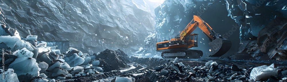 Mining Machinery Extracting Minerals from Beneath Thick Ice Sheets in a Cold Harsh Landscape