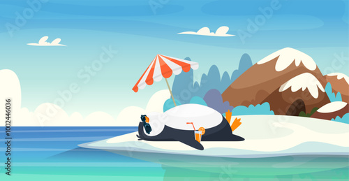 sunbathing pinguin. lazy cartoon funny character sleeping on north pole