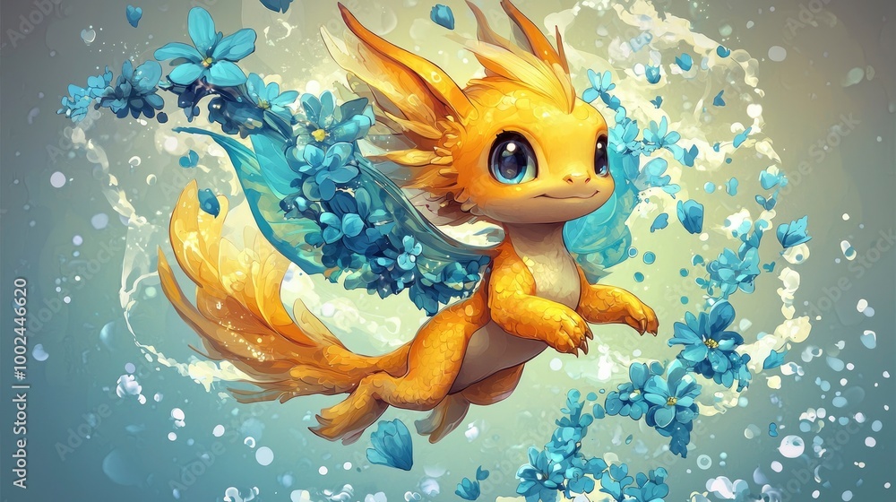Adorable Golden Dragon with Blue Flowers Adorable Golden Dragon with Blue Flowers