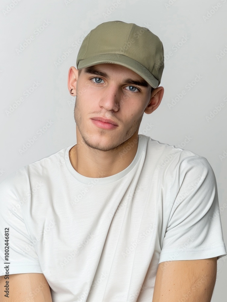 Young man in olive cap and white t-shirt with neutral expression Young man in olive cap and white t-shirt with neutral expression
