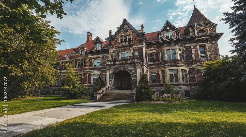 A dynamic shot of a school building that was once a historic mansion, showcasing a blend of old A dynamic shot of a school building that was once a historic mansion, showcasing a blend of old