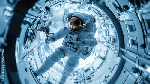 A dynamic shot of an astronaut conducting a space architecture experiment in a microgravity environment