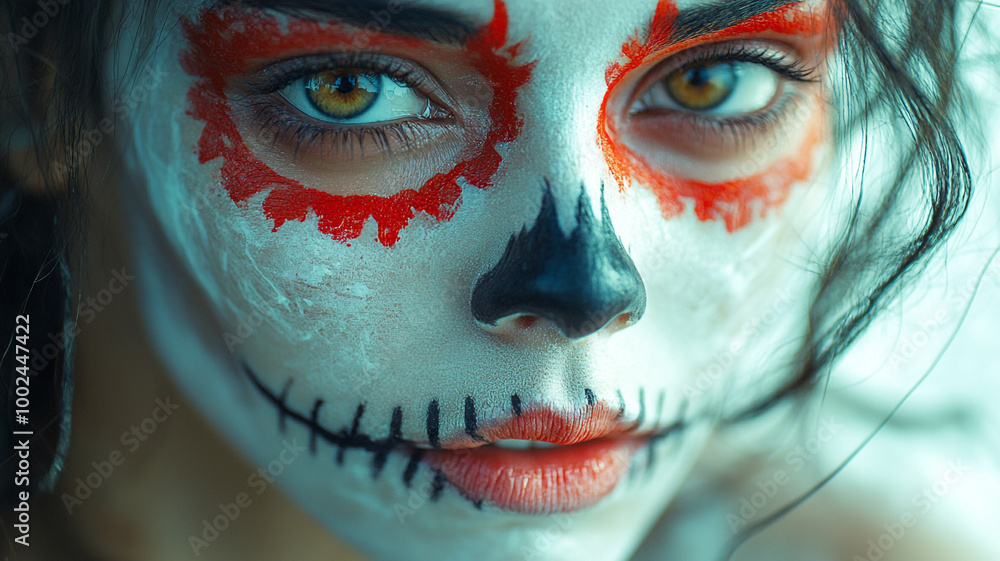 A young woman in bright Calavera makeup for the Mexican Day of the Dead. A bright Calavera on the face of a young woman on the Day of the Dead in Mexico. A young woman in bright Calavera makeup for the Mexican Day of the Dead. A bright Calavera on the face of a young woman on the Day of the Dead in Mexico.