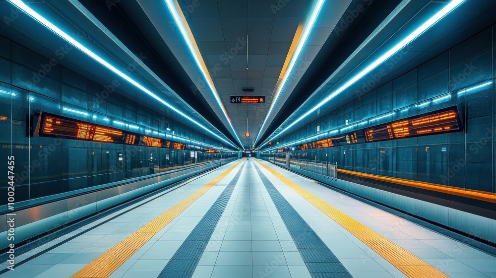 A dynamic shot of an underground train station with modern design elements and innovative lighting solutions A dynamic shot of an underground train station with modern design elements and innovative lighting solutions