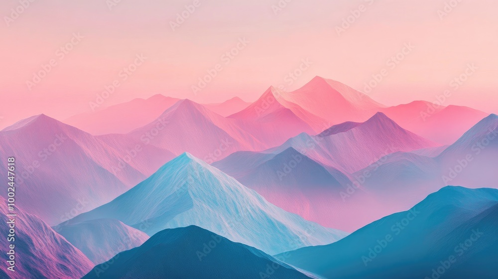 Fototapeta premium Mesmerizing geometric artwork of abstract mountains in vibrant light-blue and pink hues, forming a stunning modern landscape