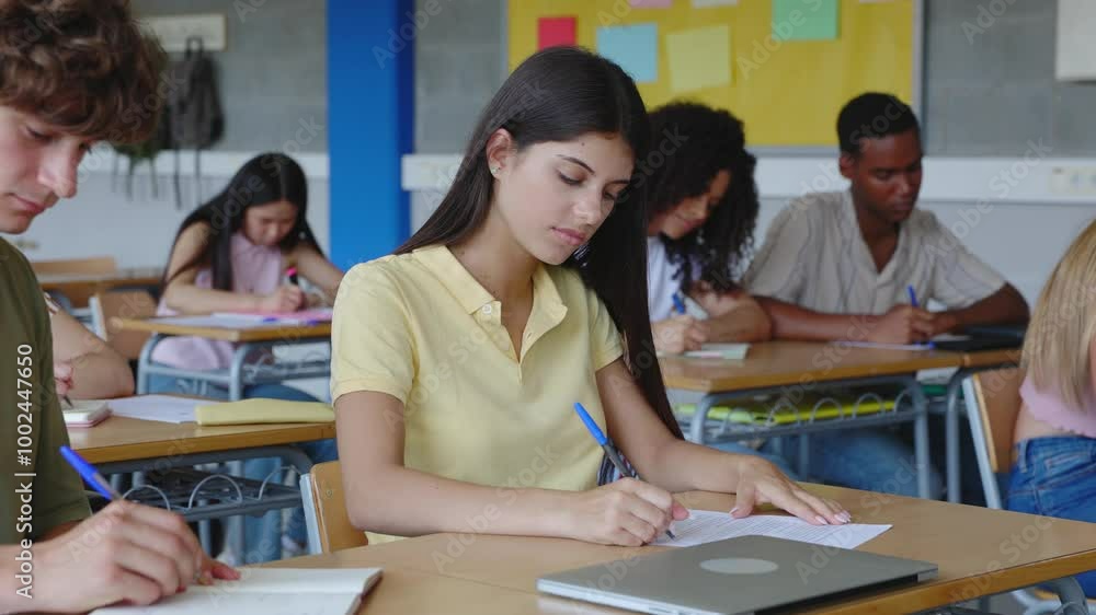 Diverse young students studying at high school. Millennial college working on university task in classroom. Education lifestyle and back to school concept. Diverse young students studying at high school. Millennial college working on university task in classroom. Education lifestyle and back to school concept.