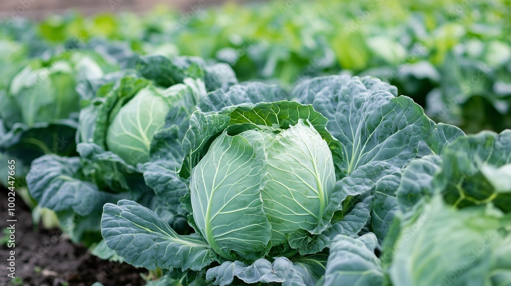 Fresh green cabbages growing abundantly in a well-maintained farm field during the early morning hours Fresh green cabbages growing abundantly in a well-maintained farm field during the early morning hours