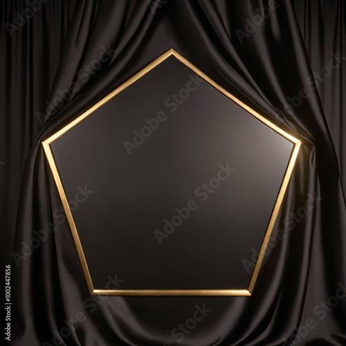 luxurious gold pentagon frame set against a backdrop of smooth black silk fabric, presenting an elegant and refined space for a timeless