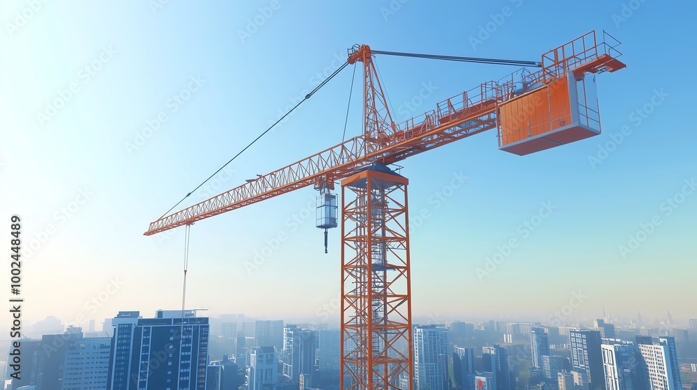 Fototapeta premium Showcasing Advanced Engineering in Modern Construction: A CGI Rendering of a Towering Crane Dominating the Skyline with Intricate Details and Operational Capabilities