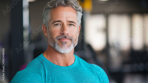 A fit man smiles confidently in a gym, showcasing healthy living and fitness lifestyle