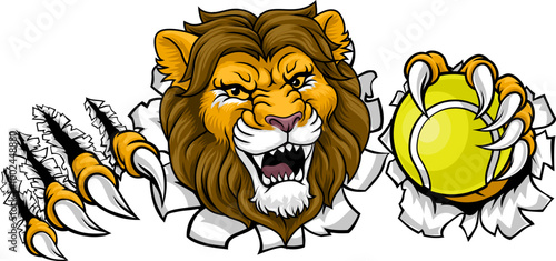 A lion with a tennis ball sports team animal cartoon mascot