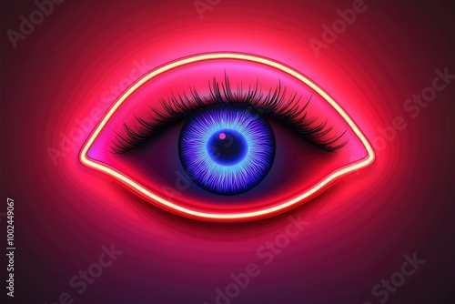 Neon Eye with Long Eyelashes and Red Background