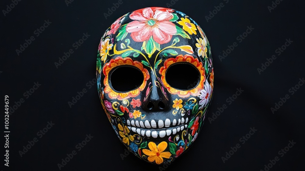 Naklejka premium Intricately designed Day of the Dead mask featuring vibrant colors and floral patterns, perfect for celebrations