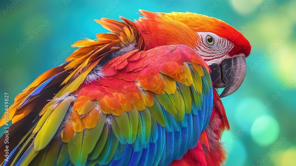Obraz premium A sharp focus on a vibrantly-colored parrot against a softly blurred backdrop of blue, green, yellow, and red