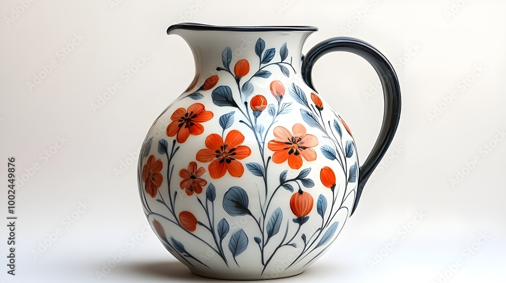 a white and orange vase with blue leaves and flowers
a white and orange vase with blue leaves and flowers