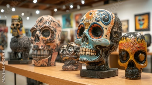 Collection of handcrafted Day of the Dead art pieces, including sculptures and paintings, displayed at a local gallery