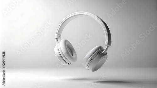 White Headphones Floating in Mid-Air on White Background – Modern Audio Accessory photo