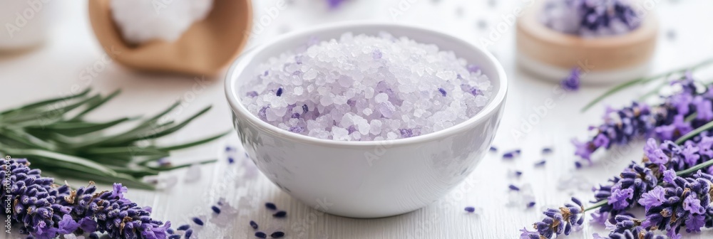 Spa Still Life. Lavandula Bathe Concept with Salt and Essential Oils for Beauty and Wellness Spa Still Life. Lavandula Bathe Concept with Salt and Essential Oils for Beauty and Wellness